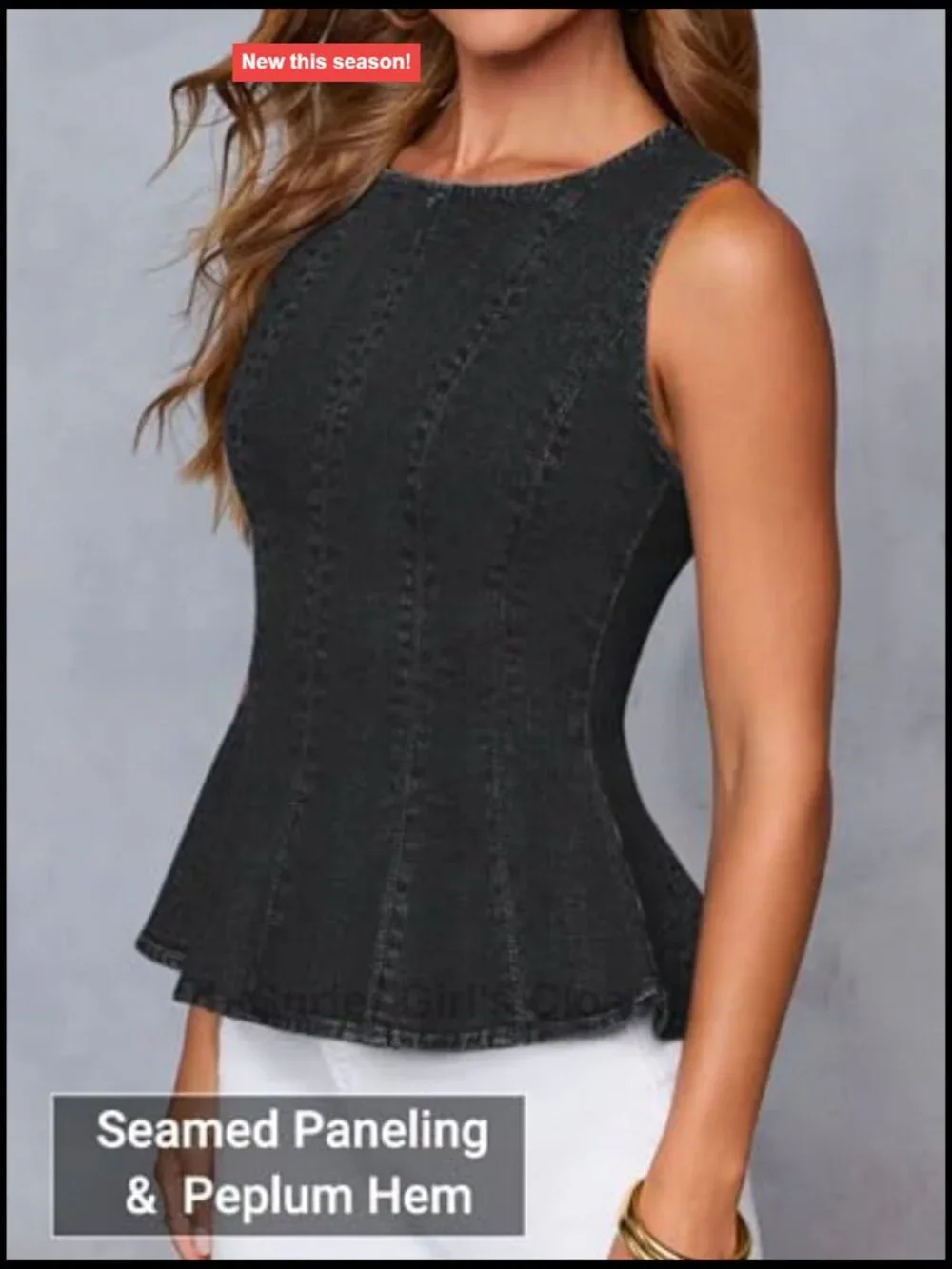 Women's Stretch Denim Peplum Tank Top Sleeveless Slim Fit Blouse Back Zipper